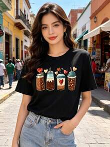 Limited Time Offer, Limited Quantities, Flash ! Women's Casual Shirts, Women's Polyester T-Shirts, Elegant Shirts. Women's Short-Sleeved, Round-Neck Sports T-Shirt With Ice Cream, Coffee, Caramel, And Tea Prints, Perfect For Summer. - 黑色 - 查看 10