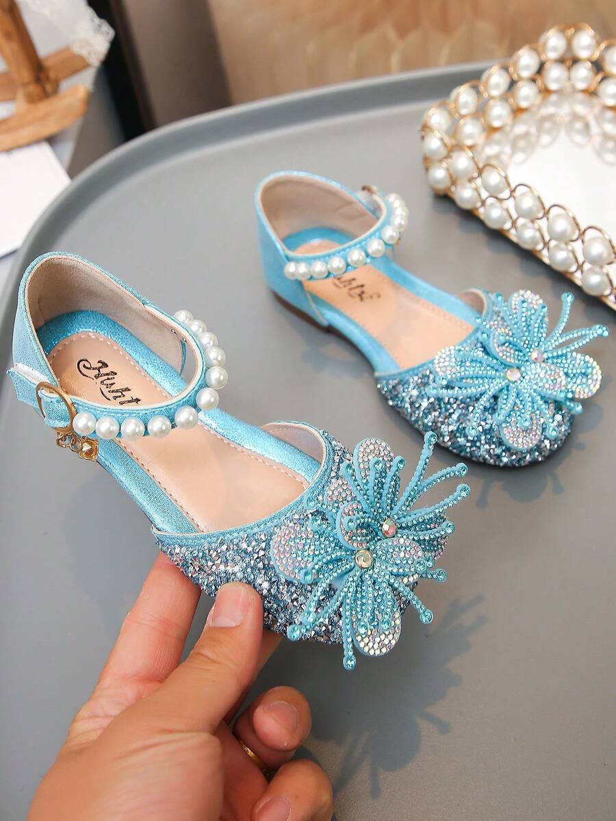 Zapatos de princesa para niñas con decoración de diamante de imitación, combinados con lazo, perlas y lentejuelas, adecuados para actuaciones en el escenario, pasarela y ocasiones especiales - Azul - Ver 1