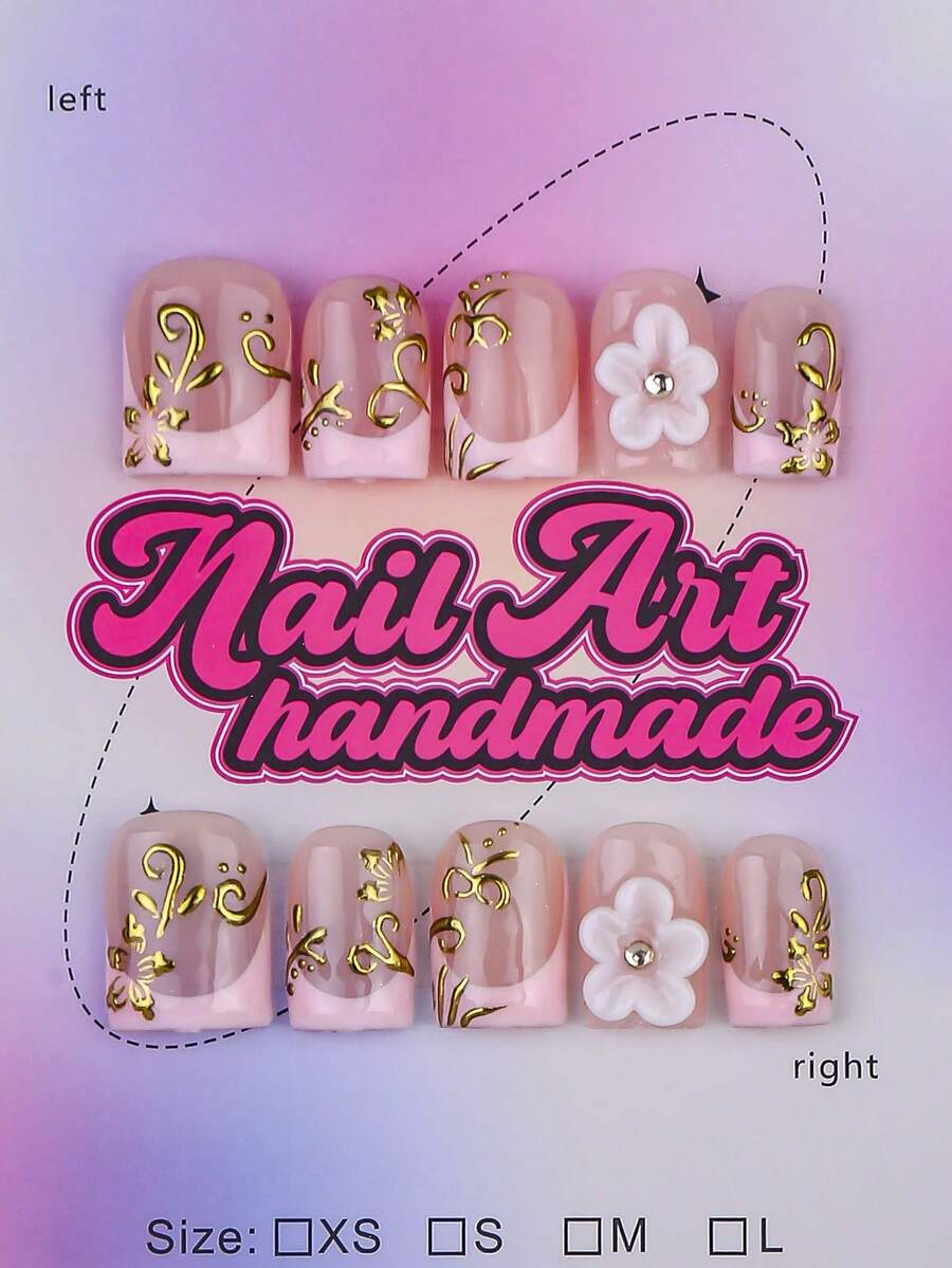 10 pièces de pointes d'ongles carrées faites à la main, style Y2K Baddie, ongles nude, rose, or, blanc avec des pointes françaises, gravure, imprimé peau de serpent, imprimé léopard, perles, éléments d'étoiles, décoration d'ongles faite main, convient aux femmes et aux filles, plaques d'ongles brillantes, jeux de 3 tailles, convient pour les fêtes, les danses, le port quotidien, comprend un kit d'outils (couleur d'outils aléatoire), fournitures pour ongles, faux ongles pressés faits main - Multicolore - Voir 1