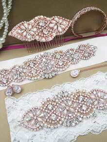 Juego de 3 piezas de accesorios nupciales en oro rosa, que incluye clips de strass en oro rosa, cinturón a juego, liga, cadena de strass adhesiva, para boda - Multicolor - Ver 4