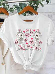 Women's T-Shirt With Bones And Hearts Print, Romantic Gothic Style - Vintage Short Sleeve Crew Neck Top With Gothic Lettering, Valentine's Day Outfit, Elegant Casual Blouse For All Seasons (Machine Washable) - - 白色 - 查看 7