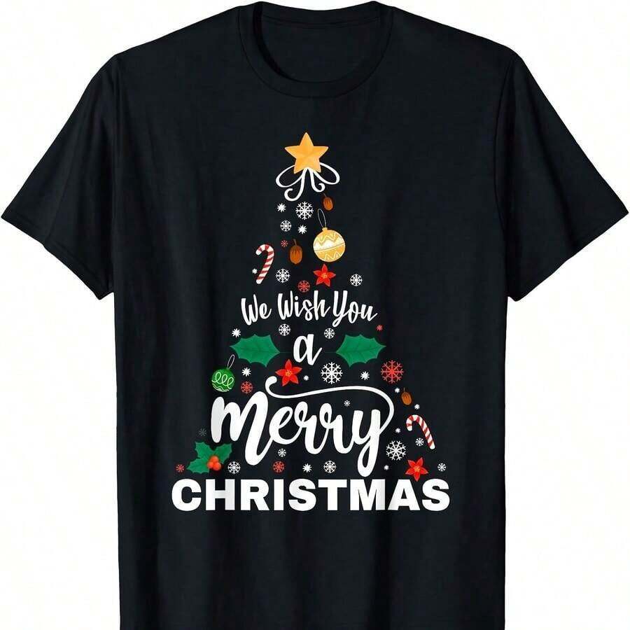 We Wish You A Merry Christmas. Vintage Christmas T-Shirt With A Christmas Tree Design. 220g Classic Unisex Cotton T-Shirt, Simply Perfect. Suitable For Everyone, Whether Women Or Men. Durable, High-Quality Fabric Suitable For All Sewing Needs, Soft To The Touch But Designed To Last. Breathable Tops. Autumn Outfits For Women. Vacation Outfits For Women. Halloween Costume For Women. - 黑色 - 查看 1