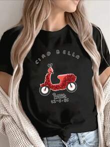 Women's T-Shirt Made Of Pure Cotton, Loose Casual Style, With Red Scooter Print, Comfortable And Lightweight Casual Wear For Women, Perfect For Daily Outings, Cafes Or Leisure Time, Stylish Print, Ideal Choice For Spring And Summer. - 黑色 - 查看 1