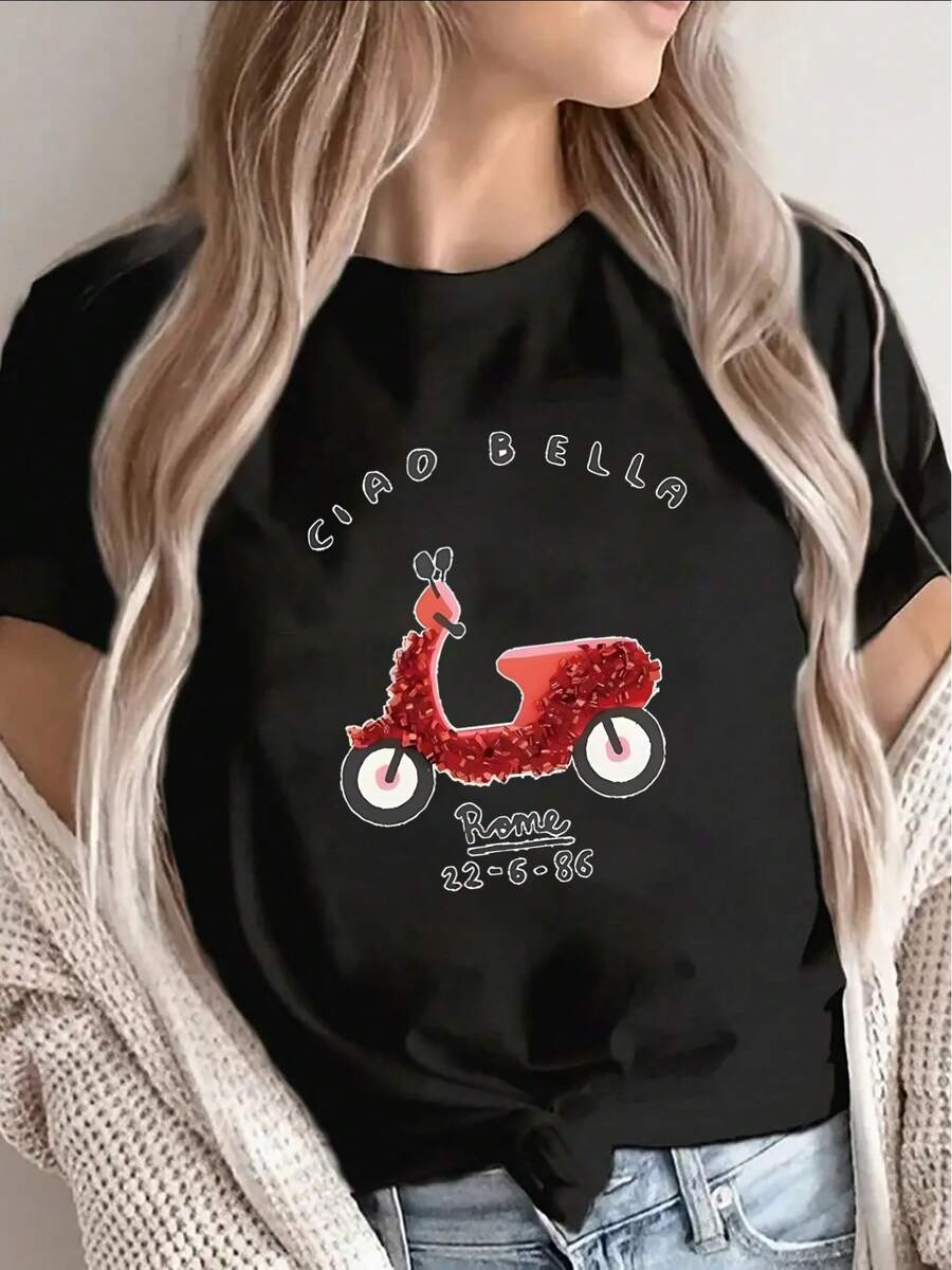 Women's T-Shirt Made Of Pure Cotton, Loose Casual Style, With Red Scooter Print, Comfortable And Lightweight Casual Wear For Women, Perfect For Daily Outings, Cafes Or Leisure Time, Stylish Print, Ideal Choice For Spring And Summer. - 黑色 - 查看 1