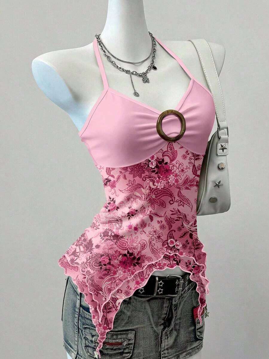 Blusa casual de mujer con cuello de corbata y estampado de anacardo, versátil para uso diario - Rosa 2 - Ver 1