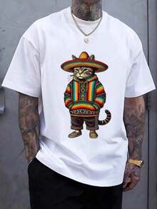 Men's T-Shirt With Mexican-Style Cat Print - White - View 1