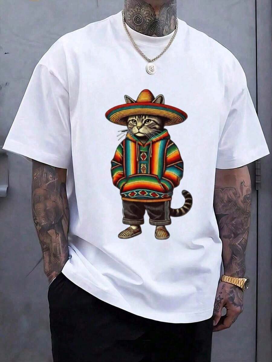 Men's T-Shirt With Mexican-Style Cat Print - White - View 1
