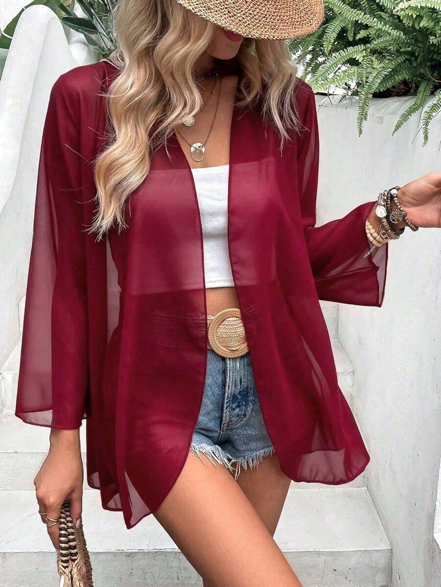 Chaqueta ligera y transparente de manga acampanada de unicolor casual de vacaciones EARO para primavera - Burdeos - Ver 1