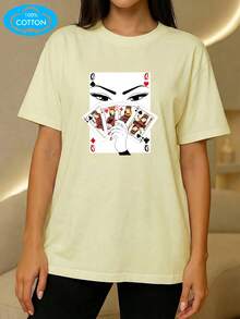 Women's 100% Cotton T-Shirt, Round Neck And Short Sleeve, With Queen Badge Print, Suitable For All Seasons, Loose, Comfortable, Breathable, Sweat-Absorbing, Casual Sporty Style, Pure Cotton Short Sleeve T-Shirt For Women. - 白色 - 查看 9