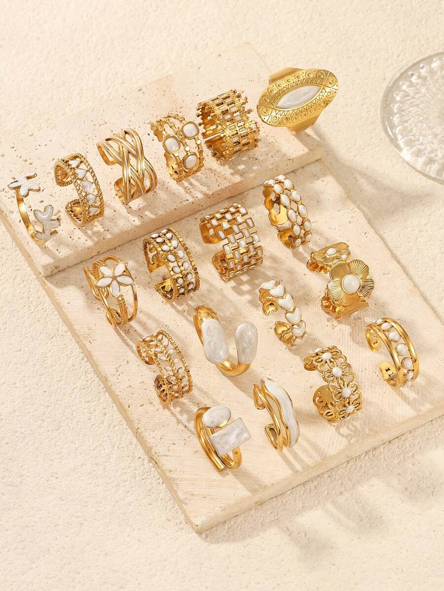 Juego de 4/6/12/16 anillos de acero inoxidable chapados en oro de 18K con patrones mixtos, de alta calidad con resina blanca incrustada, formas surtidas ajustables, adecuados para decoración diaria o regalo de mujer - Amarillo Oro - Ver 1