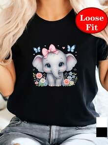 Camiseta de Manga Corta con Cuello Redondo, Estampado de Elefante Lindo y Lazo Rosa, Ropa Casual de Primavera-Verano, Tallas Grandes para Mujer - Negro - Ver 2