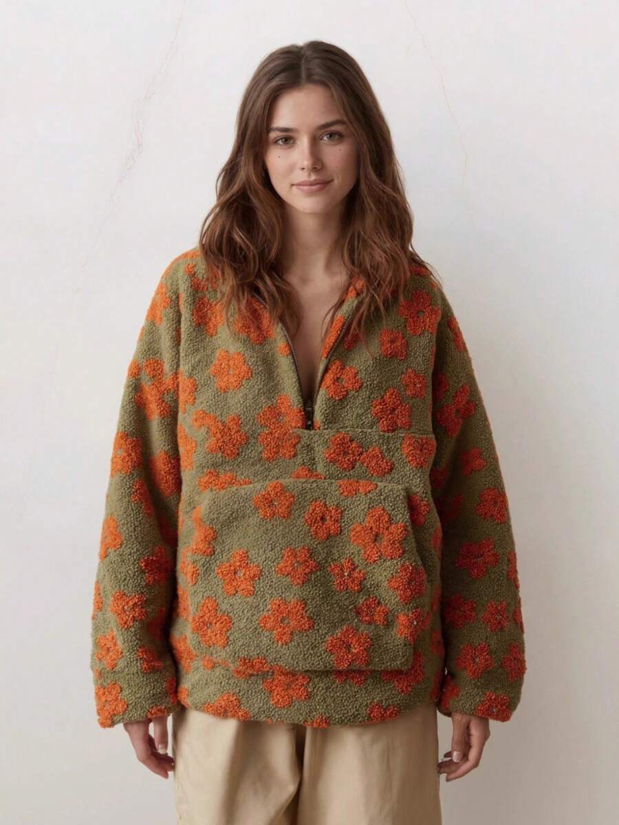 Women's Long-Sleeved Jacket With Floral Design And Loose Fit - Green - View 1