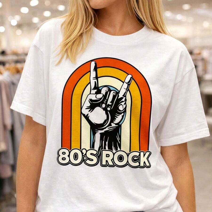 Camiseta de manga corta 1 pieza, camiseta de algodón para mujer de talla grande con estampado retro de la década de los 80 con el símbolo de la mano de rock y arcoíris, para uso diario, regalos de cumpleaños, regalos de Navidad, regalos de Halloween, o como camiseta conmemorativa para amigos o seres queridos. También Apto Como Suéter Entrega Rápida 100% Algodón - Blanco - Ver 1