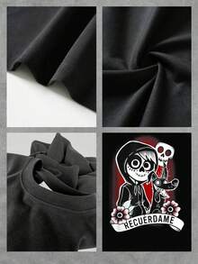 Symbolic Illustration Of A Hooded Skeletal Figure And Its Spirit Dog Representing The Eternal Connection Between Life And Memory, Accompanied By Flowers With The Message "Remember Me" (Women's T-Shirt). - 黑色 - 查看 4