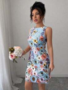 Vestido mini elegante de mujer con cuello redondo, sin mangas y con estampado floral ajustado - Azul - Ver 6