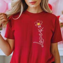 Peace Love Flower Line Art T Shirt, Minimal Floral Graphic Tee For Women, Aesthetic Red Flower Love Shirt, Cute Valentine Gift.Blouses For Women>Shirt Blouses For Women - 杏色 - 查看 3