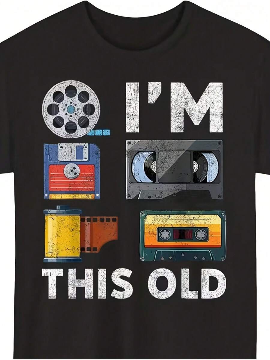 Plus Size T-Shirt With Retro VHS Tape Reel And Floppy Disk Print, Ideal For Home, Outings, Or Gifts | Perfect For Christmas, Valentine's Day, And More - 黑色 - 查看 1