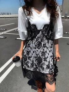 Vestido de mujer con parches de encaje sin mangas 2 en 1 con mangas cortas, vestidos de verano para mujeres - Blanco 3 - Ver 5