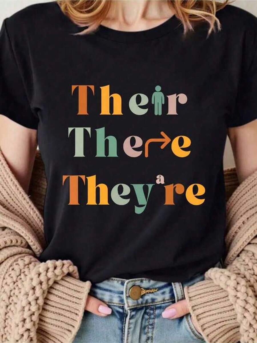 Cotton 100%. Back-To-School Gift. Women's Summer T-Shirt, New, Printed, Short Sleeve, In White, Red, Black, Green, Pink, Gray, And Apricot. For All Seasons. For Home, Outdoors, Parties, Sports, Work, Vacation. - 黑色 - 查看 1