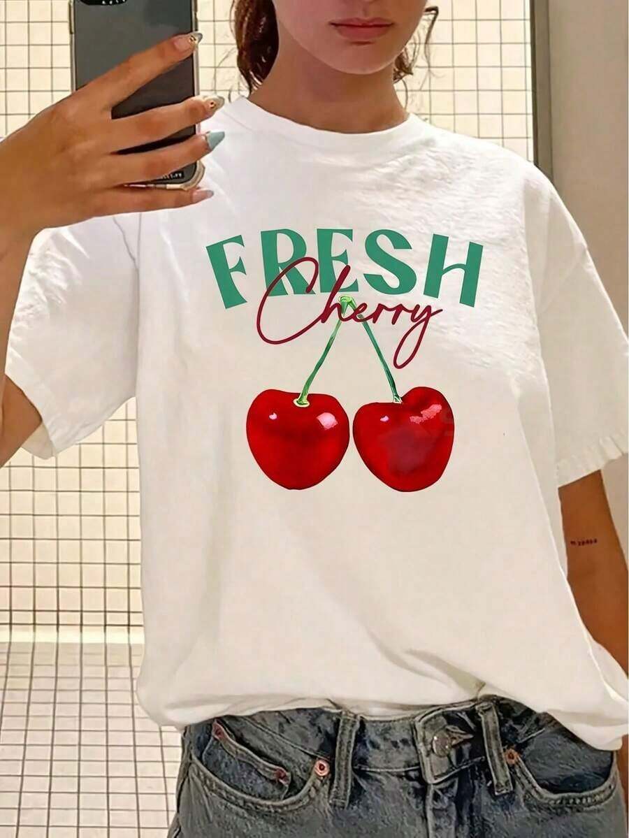 Summer Tops, 1 Piece, Vintage Style Women's T-Shirt, Fresh Cherry Print, Round Neck, Short Sleeves, Polyester Knit Fabric, Geometric Pattern, Regular Length - Summer Casual Top Made Of Cotton - White - View 1