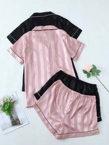 Conjunto de pijama de pantalón corto y manga corta con estampado jacquard de rayas para mujer - Multicolor - Ver 2