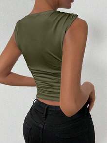 Top sin mangas con pliegues de color verde, top básico, top para salir, top de club, top de concierto, top lindo, top de viaje para el aeropuerto - Verde militar - Ver 3