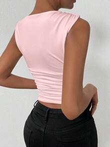Camiseta de tirantes ajustada con cuello de tripulación y pliegues de unicolor de verano para mujer - Rosa Pálido - Ver 2