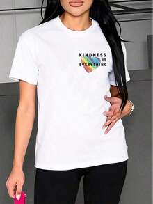 New Women's Casual T-Shirt With Heart Print - Urban Vintage Style, Unisex, Cotton, Short Sleeve And Round Neck. - 白色 - 查看 2