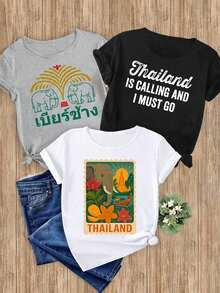 Women's T-Shirts, 1-Piece Set With Thai-Themed Design, 1-Piece Elegant, Casual, Sporty, Ideal For Gift, Soft And Machine Washable, Short-Sleeved Top With Round Neck. - 1件白色隨機圖案 - 查看 6