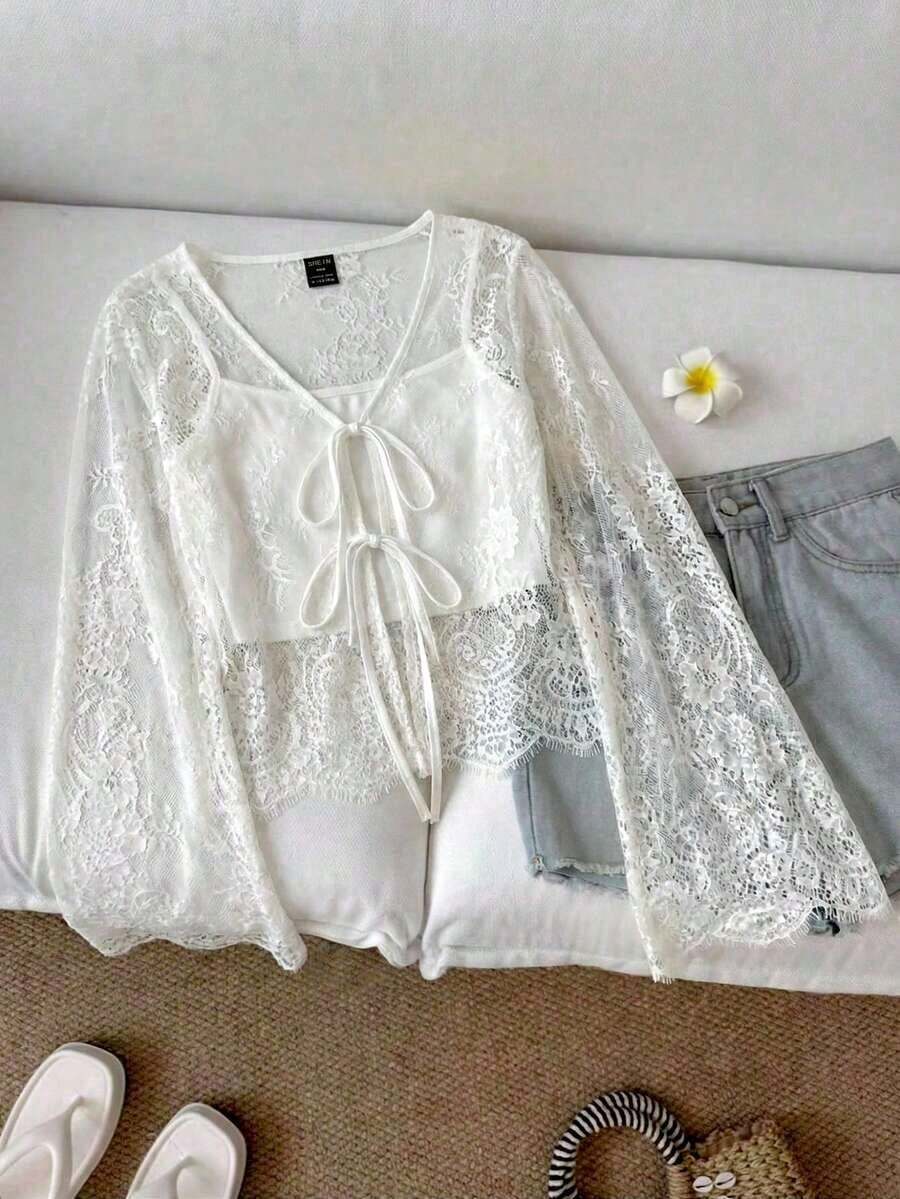 Blusa casual de mujer de manga acampanada con lazo, unicolor, top color burdeos, top rojo vino, top rojo oscuro, ropa estilo cottagecore, blusas rojas para mujer, casual - Blanco 2 - Ver 1