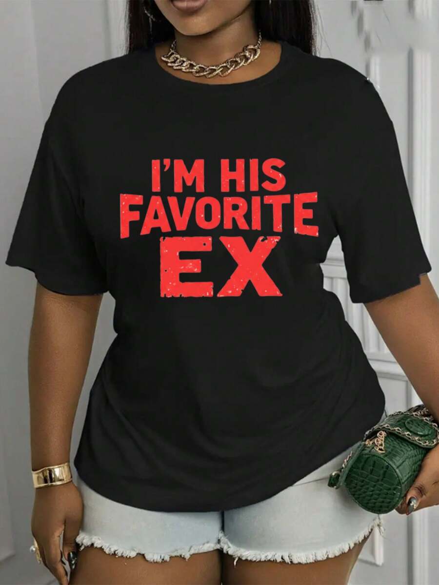 Camiseta de Mujer con Cuello Redondo y Estampado - Diseño "Soy su ex favorita". Estilo de manga corta; lavable a máquina. Un top casual elegante, cómodo y adecuado para todas las estaciones. Diseñado con un estilo vintage, con un corte holgado para mayor comodidad y facilidad de uso. Ya disponible: Camiseta de manga corta cómoda y versátil. - Negro - Ver 1
