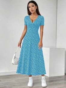 Vestido casual de verano con cuello en V, manga corta y estampado floral diminuto (corte aleatorio) para mujer - Multicolor 10 - Ver 5