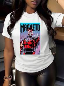 Image Of A Powerful Character With A Red Metal Helmet Extending His Hand, Displaying Strength And Control Over The Metal, A Symbol Of Power And Magnetism, Against A Vibrant Blue Background That Highlights His Energy. A Comfortable And Modern Casual Women's T-Shirt For Everyday Wear. - 白色 - 查看 2