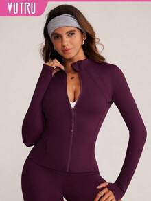 Chaqueta de manga larga para mujer con agujeros para el pulgar, 2 bolsillos, parte superior deportiva para correr y hacer ejercicio, color negro, primavera - Ciruela intensa - Ver 1