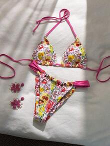Swim Mod Conjunto de bikini de dos piezas con estampado de frutas y verduras en todo el diseño, con escote halter y lazos, para vacaciones de verano - Multicolor 3 - Ver 5