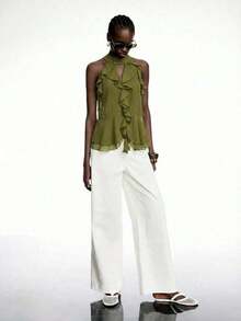 Elegant Solid Color Halter Top With Ruffles For Women - Army Green - View 7