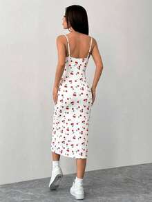 Vestido de mujer de talla grande con ajuste delgado, abertura lateral, tirantes tipo espagueti y estampado floral pequeño - Blanco - Ver 2