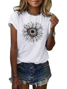 1PieceFashionCasualForMenAndWomenCicyBellWomenTShirtShortSleeveTeeSunflowerGraphicLooseSummerTopVersatile, fácil de combinar, adecuado para uso diario, estilo urbano, conjuntos de vacaciones, conjuntos de fin de semana. - Blanco - Ver 6