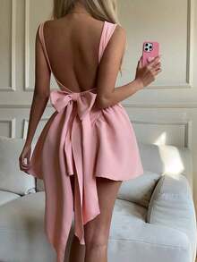 Vestido Mini Slip para Mujer JJS, Color Sólido, Espalda Descubierta, Estilo Simple, Casual para Uso Diario, Vestidos Pastel para Mujer - Rosa vieja - Ver 2
