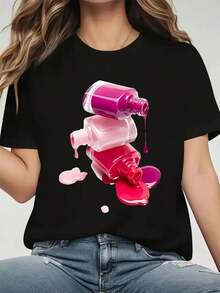 Camiseta de Mujer con Estampado de Esmalte de Uñas - Blusa de Manga Corta y Cuello Redondo con Diseños de Rayas Verticales de Esmalte (TP-1), Top Casual y Deportivo, Lavable a Máquina, Outfits de Primavera y Verano para Entusiastas de las Uñas, Uso Todo el Año 10417701 - Negro - Ver 10