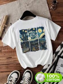 Women's Graphic T-Shirt Featuring Van Gogh's Starry Night And Cityscape Designs - Short Sleeve, Round Neck, Casual, Breathable And Medium Stretch Fabric, Machine Washable For Spring, Summer And Autumn, Artistic Leisure Garment, Commemorative Design - 白色的 - 查看 6