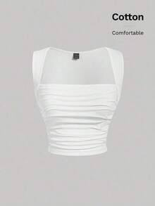 Conjunto de 4 piezas de top de tirantes ajustado y fruncido de cuello cuadrado de varios colores para mujer.Top corto sin mangas en negro, burdeos, marrón y blanco.Elegante y romántico para vacaciones, fiestas, ceremonias, playa, salidas casua - Blanco - Ver 6