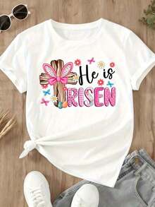 1 Piece Women's T-Shirt With Floral Rabbit And Easter Cross Design "He Has Risen" 180g 100% Cotton - 白色 - 查看 4