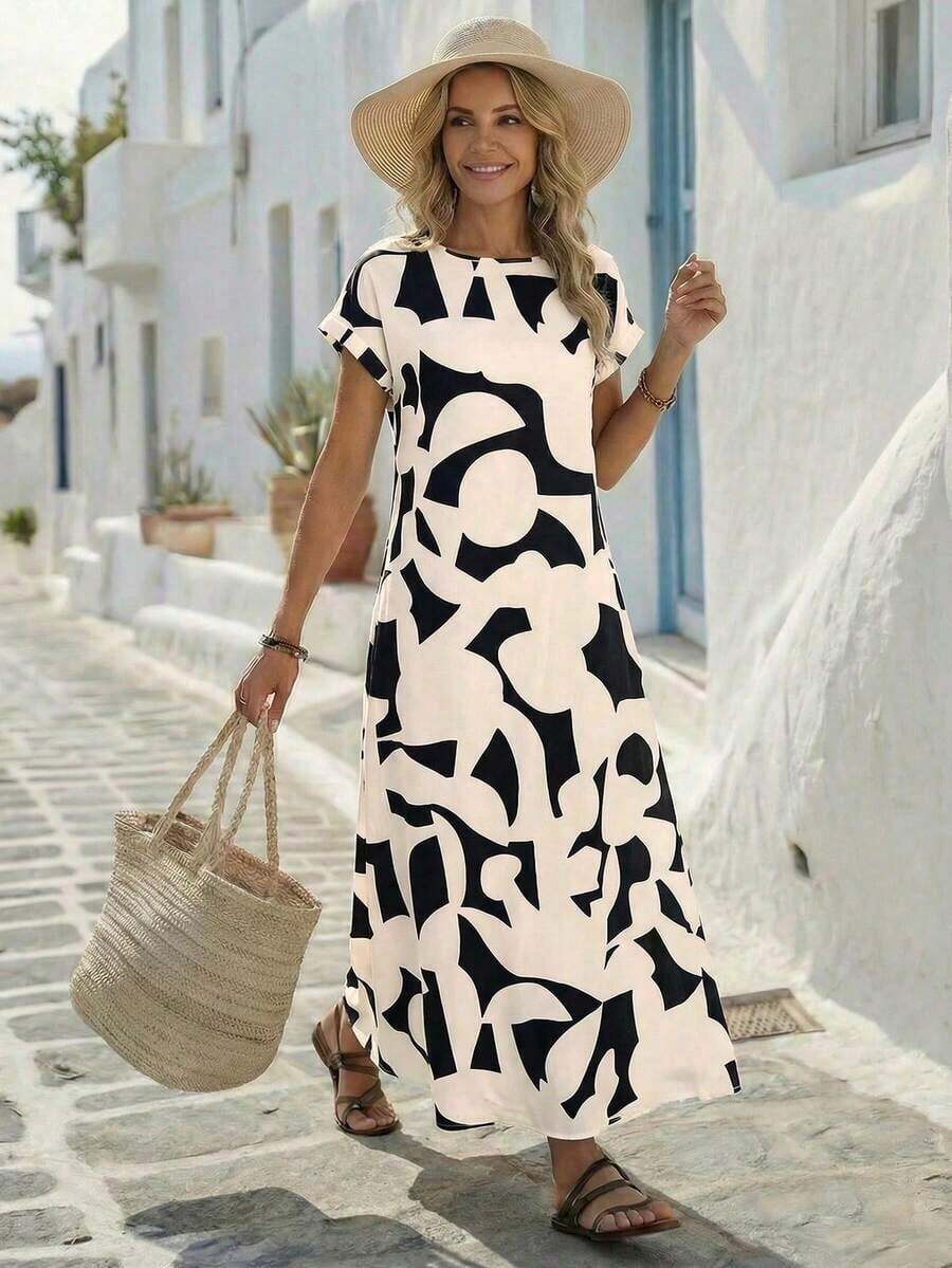 Vestido casual de mujer con estampado todo sobre, adecuado para vacaciones - Albaricoque - Ver 1