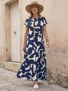 Vestido casual de mujer con estampado todo sobre, adecuado para vacaciones - Azul - Ver 4