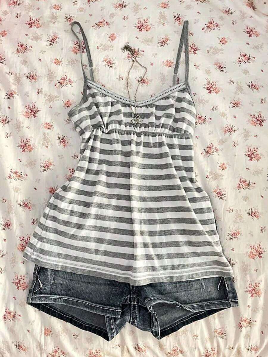 Camiseta de tirantes de mujer de rayas estilo retro Y2K casual de verano - Multicolor - Ver 1