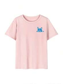 Women's Summer T-Shirt, American Vintage Style, Cream Color, With French Bulldog Print, Loose Fit, Versatile, Short Sleeve, Casual, White - ピンク - 查看 6