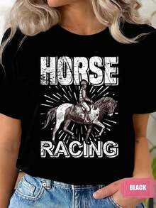 Women's T-Shirt With A Graphic Horse Racing Print, Featuring A Round Neck And Short Sleeves, Perfect For Casual Wear And Sporting Events. Comfortable Fabric, Ideal For Gifting. 220 Grams - 黑色 - 查看 1
