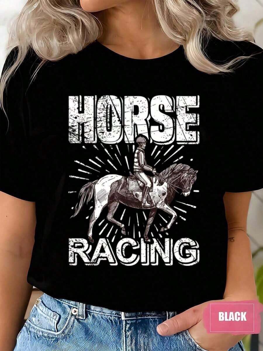 Women's T-Shirt With A Graphic Horse Racing Print, Featuring A Round Neck And Short Sleeves, Perfect For Casual Wear And Sporting Events. Comfortable Fabric, Ideal For Gifting. 220 Grams - 黑色 - 查看 1