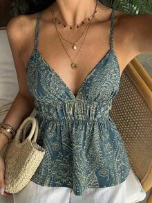 Camiseta sin espalda con volantes y estampado bohemio de verano para mujer - Verde Oscuro - Ver 7